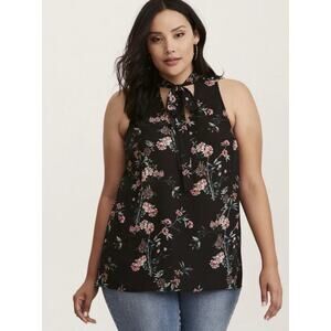 Torrid 00 US M Floral Print Georgette Tie Neck Blouse Sleeveless Oversized